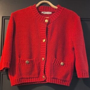 Zara Vibrant Red Cardigan with Gold Buttons